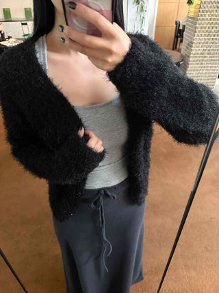 Fuzzy Shaggy Deep V-Neck Long Cardigan