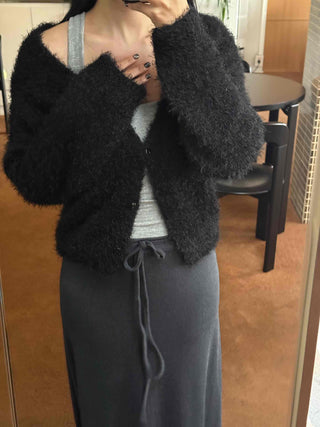 Fuzzy Shaggy Deep V-Neck Long Cardigan
