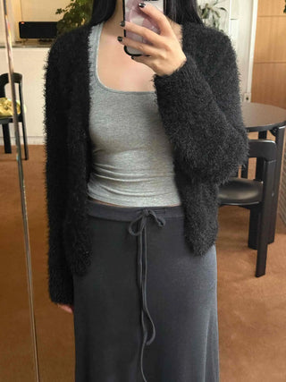 Fuzzy Shaggy Deep V-Neck Long Cardigan