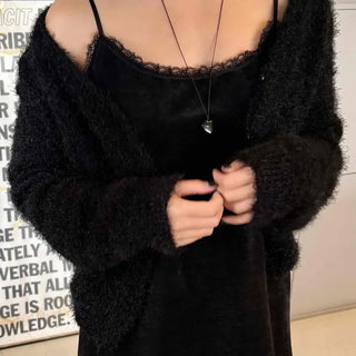 Fuzzy Shaggy Deep V-Neck Long Cardigan