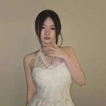 Pearl Lace Halterneck Flare Tulle Dress