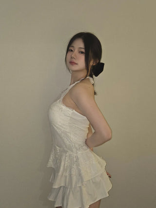 Pearl Lace Halterneck Flare Tulle Dress