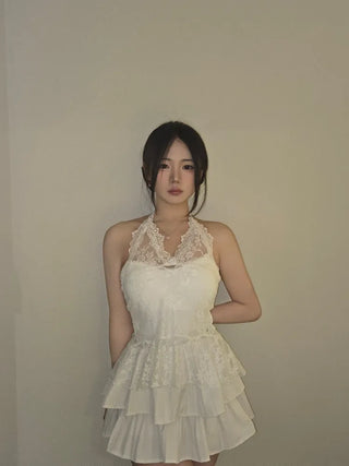 Pearl Lace Halterneck Flare Tulle Dress