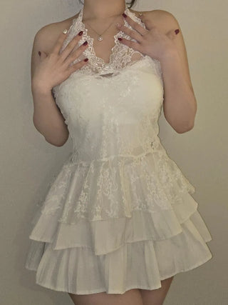 Pearl Lace Halterneck Flare Tulle Dress