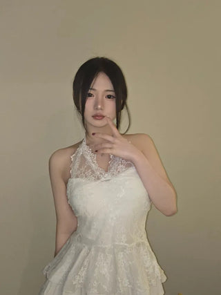 Pearl Lace Halterneck Flare Tulle Dress