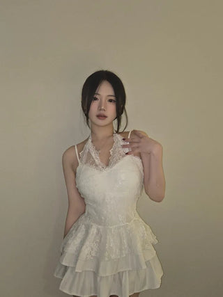 Pearl Lace Halterneck Flare Tulle Dress