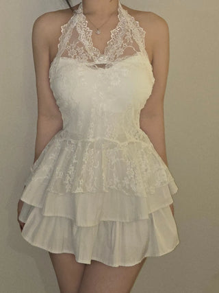 Pearl Lace Halterneck Flare Tulle Dress