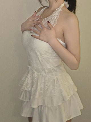 Pearl Lace Halterneck Flare Tulle Dress