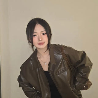 Chic Loose Fit Round Neck Zip-Up Leather Blouson