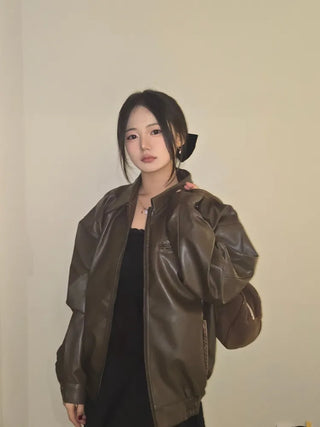 Chic Loose Fit Round Neck Zip-Up Leather Blouson