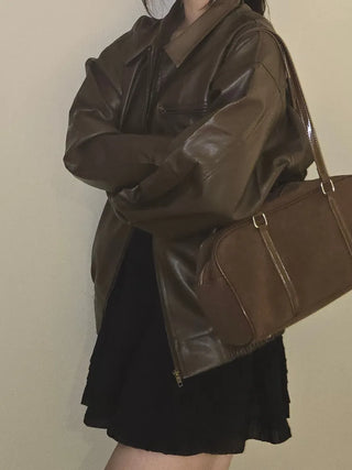 Chic Loose Fit Round Neck Zip-Up Leather Blouson