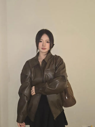 Chic Loose Fit Round Neck Zip-Up Leather Blouson