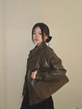 Chic Loose Fit Round Neck Zip-Up Leather Blouson