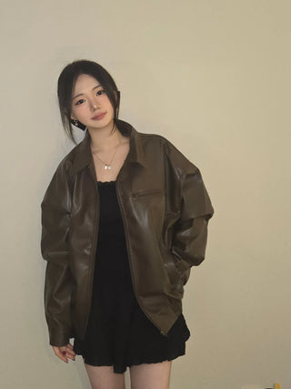 Chic Loose Fit Round Neck Zip-Up Leather Blouson