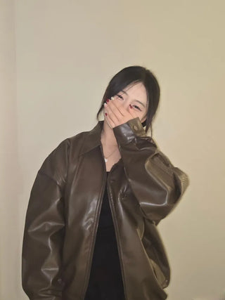 Chic Loose Fit Round Neck Zip-Up Leather Blouson