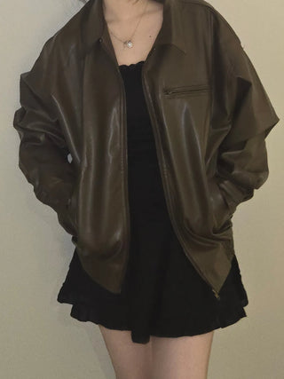 Chic Loose Fit Round Neck Zip-Up Leather Blouson