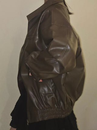 Chic Loose Fit Round Neck Zip-Up Leather Blouson