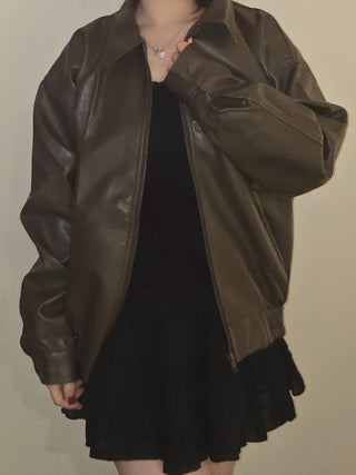 Chic Loose Fit Round Neck Zip-Up Leather Blouson