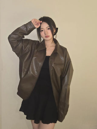 Chic Loose Fit Round Neck Zip-Up Leather Blouson