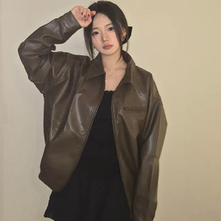 Chic Loose Fit Round Neck Zip-Up Leather Blouson