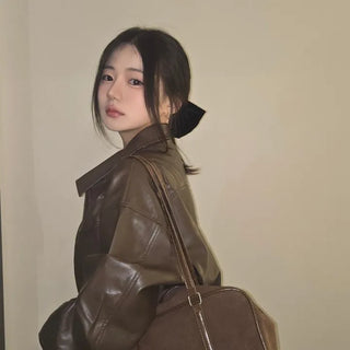 Chic Loose Fit Round Neck Zip-Up Leather Blouson