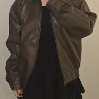 Chic Loose Fit Round Neck Zip-Up Leather Blouson