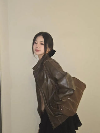 Chic Loose Fit Round Neck Zip-Up Leather Blouson