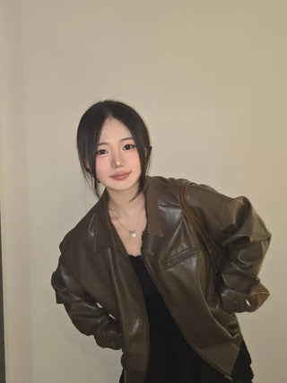 Chic Loose Fit Round Neck Zip-Up Leather Blouson