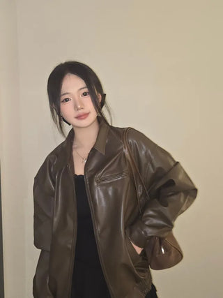 Chic Loose Fit Round Neck Zip-Up Leather Blouson