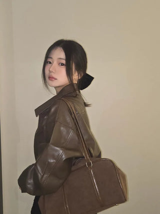 Chic Loose Fit Round Neck Zip-Up Leather Blouson