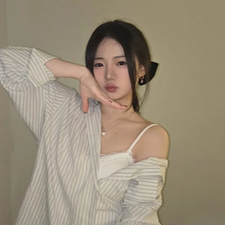 Open Collar Off-Shoulder Loose Fit Striped Shirt