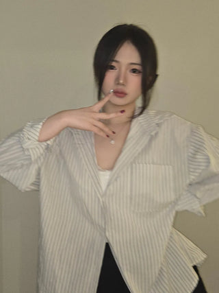 Open Collar Off-Shoulder Loose Fit Striped Shirt