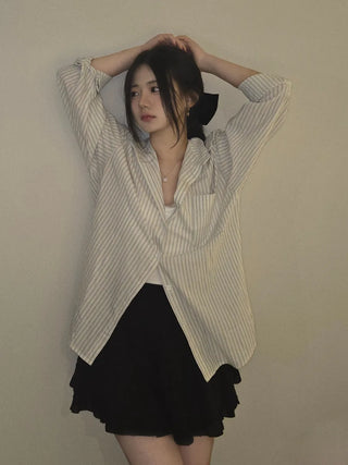 Open Collar Off-Shoulder Loose Fit Striped Shirt