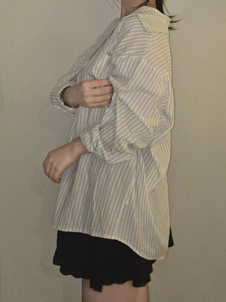 Open Collar Off-Shoulder Loose Fit Striped Shirt