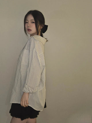 Open Collar Off-Shoulder Loose Fit Striped Shirt
