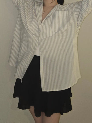 Open Collar Off-Shoulder Loose Fit Striped Shirt