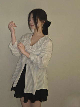Open Collar Off-Shoulder Loose Fit Striped Shirt
