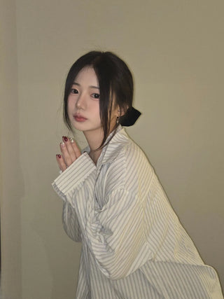 Open Collar Off-Shoulder Loose Fit Striped Shirt
