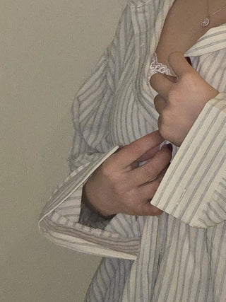Open Collar Off-Shoulder Loose Fit Striped Shirt