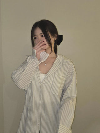 Open Collar Off-Shoulder Loose Fit Striped Shirt