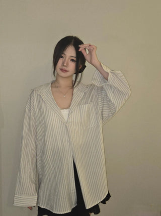 Open Collar Off-Shoulder Loose Fit Striped Shirt
