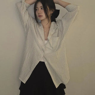 Open Collar Off-Shoulder Loose Fit Striped Shirt