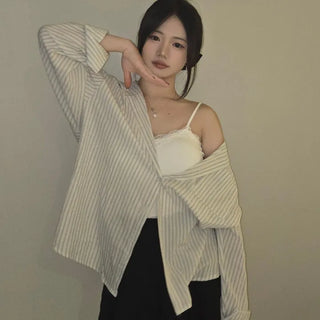 Open Collar Off-Shoulder Loose Fit Striped Shirt