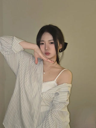 Open Collar Off-Shoulder Loose Fit Striped Shirt