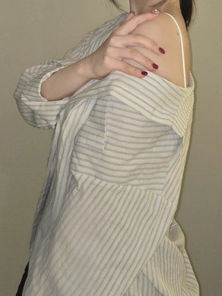 Open Collar Off-Shoulder Loose Fit Striped Shirt