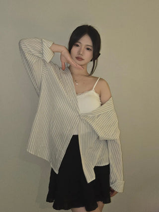 Open Collar Off-Shoulder Loose Fit Striped Shirt