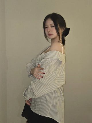 Open Collar Off-Shoulder Loose Fit Striped Shirt