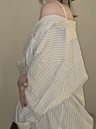 Open Collar Off-Shoulder Loose Fit Striped Shirt