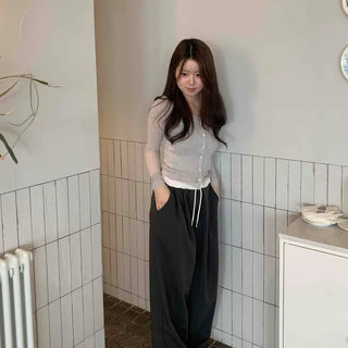 Semi-Balloon Drawstring High-Waisted Slacks