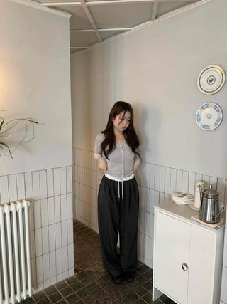 Semi-Balloon Drawstring High-Waisted Slacks